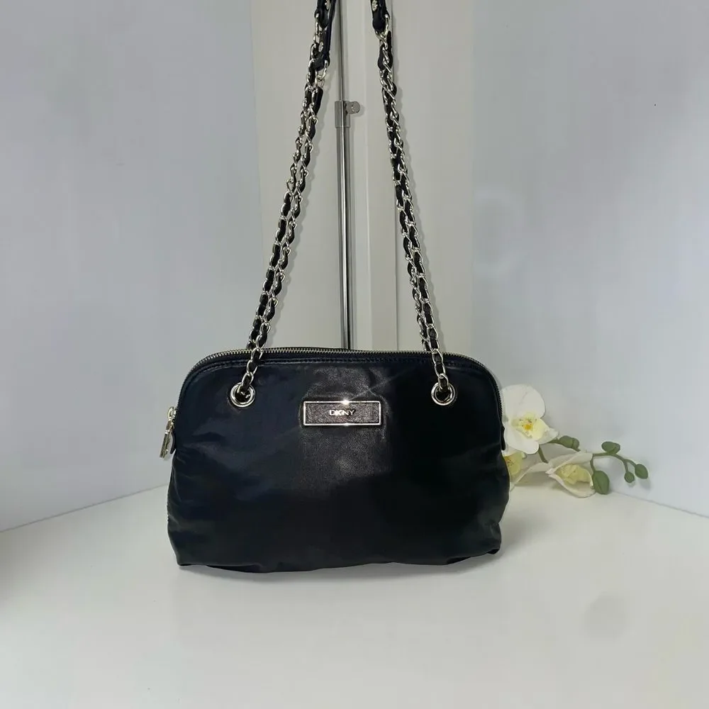 DKNY Black Leather Shoulder Bag with Chain Straps